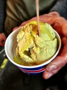 Pistachio ice cream drizzled with olive oil